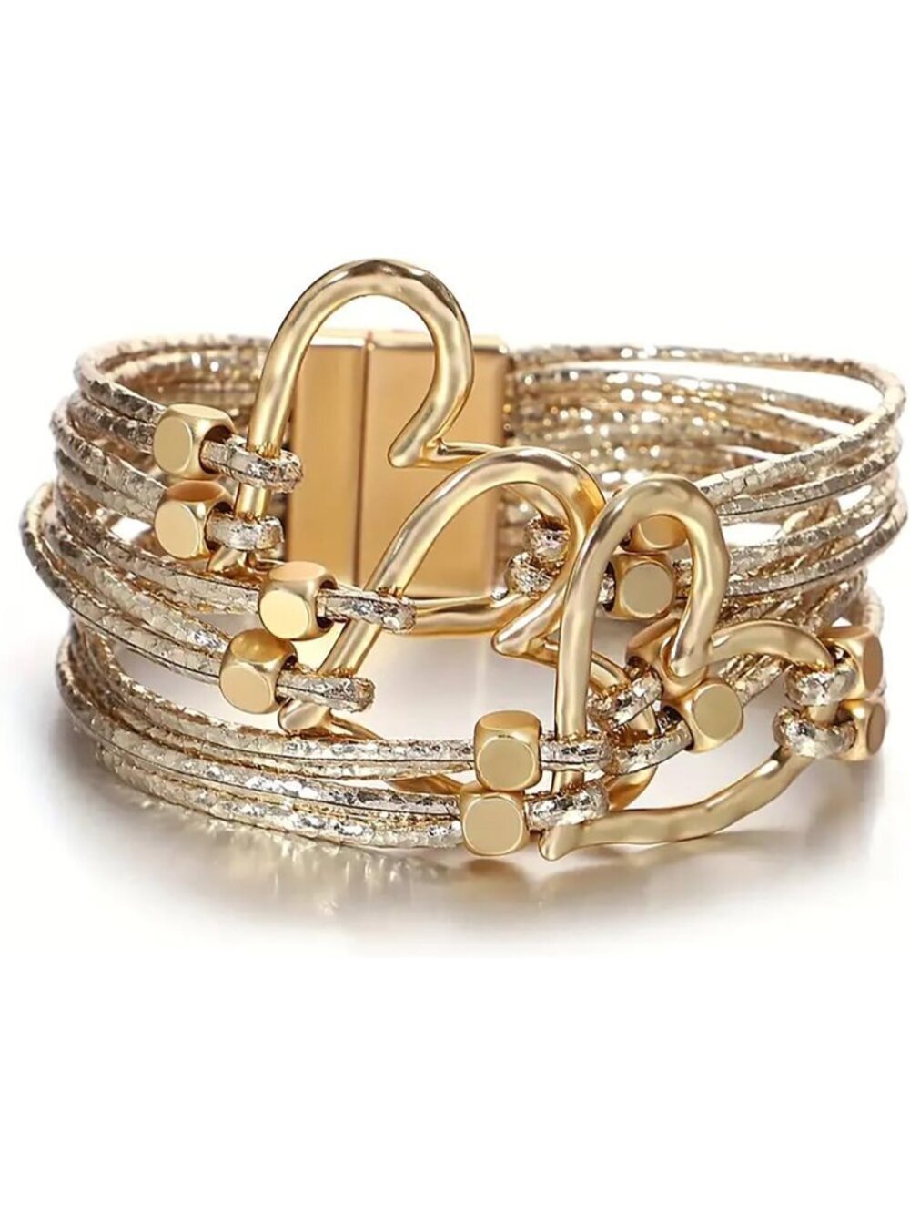 Women Heart Gold Leopard Multi Layer Crystal Beads Cuff Leather Wrap Bracelets